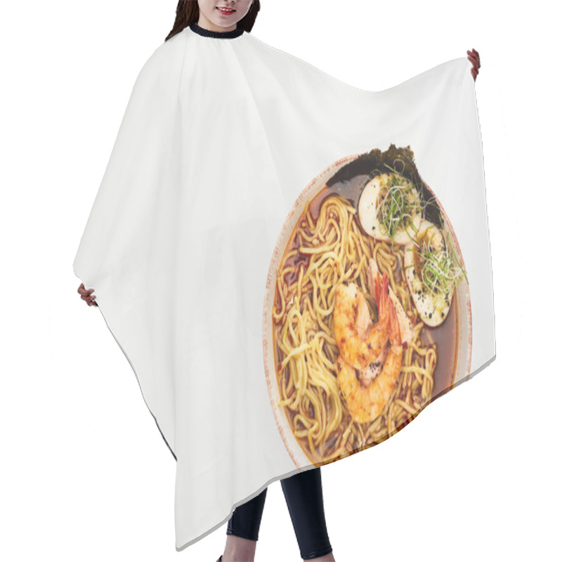 Personality  Top View Of Spicy Seafood Ramen Isolated On White Hair Cutting Cape