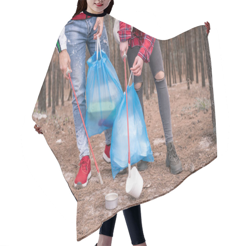 Personality  Cropped View Of Couple With Trash Bags Picking Up Rubbish With Grabber Tools In Forest  Hair Cutting Cape