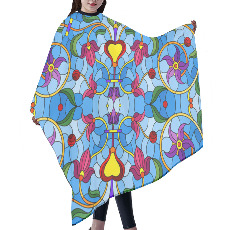 Personality  Illustration In Stained Glass Style With Abstract  Swirls,flowers And Leaves  On A Blue Background,horizontal Orientation Hair Cutting Cape