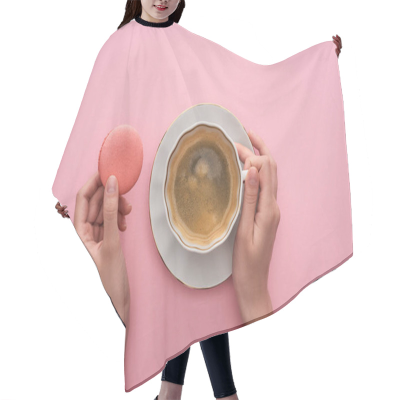 Personality  Partial View Of Woman Drinking Coffee With Delicious French Macaroon On Pink Background Hair Cutting Cape