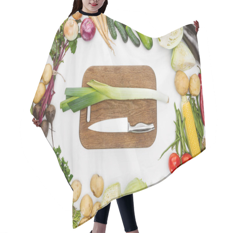 Personality  Top View Of Ripe Vegetables And Cutting Board With Knife And Leek Isolated On White Hair Cutting Cape