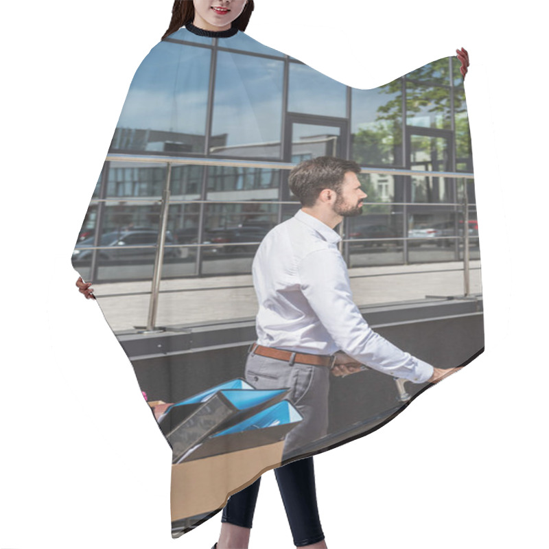 Personality  Young Manager With Box Of Personal Stuff On Bicycle Looking Away Hair Cutting Cape