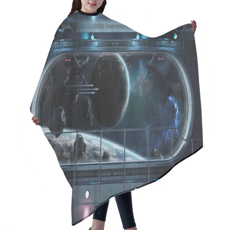 Personality  Black Tech Spaceship Round Window Interior With View On Distant Planets System 3D Rendering Elements Of This Image Furnished By NASA Hair Cutting Cape