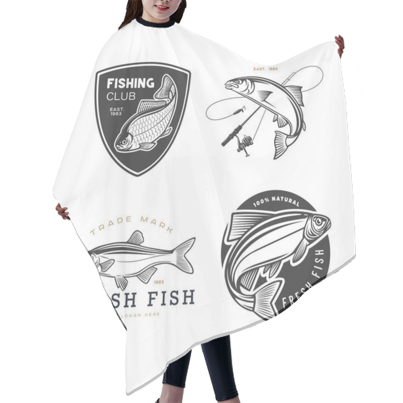 Personality  Monochrome Illustration With A Fish Logos For Design On A Fishing Theme. Hair Cutting Cape