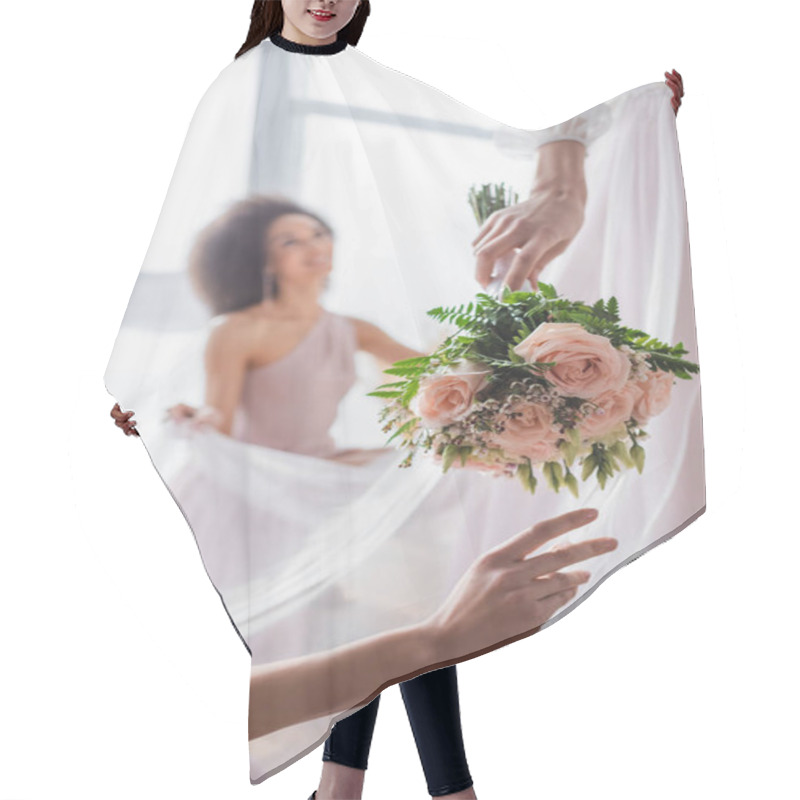 Personality  Selective Focus Of Wedding Bouquet In Hand Of Bride Near African American Bridesmaid On Blurred Background Hair Cutting Cape