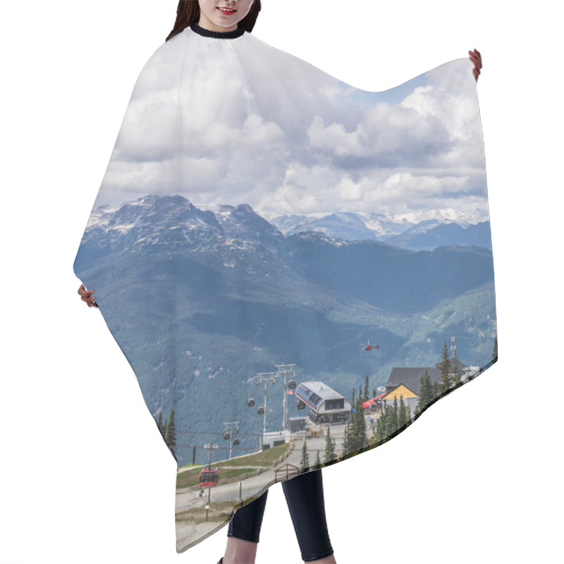 Personality  WHISTLER, CANADA - AUGUST 25, 2019: Peak 2 Peak Gondola Building On Top Of Whistler Blackcomb Mountain. Hair Cutting Cape