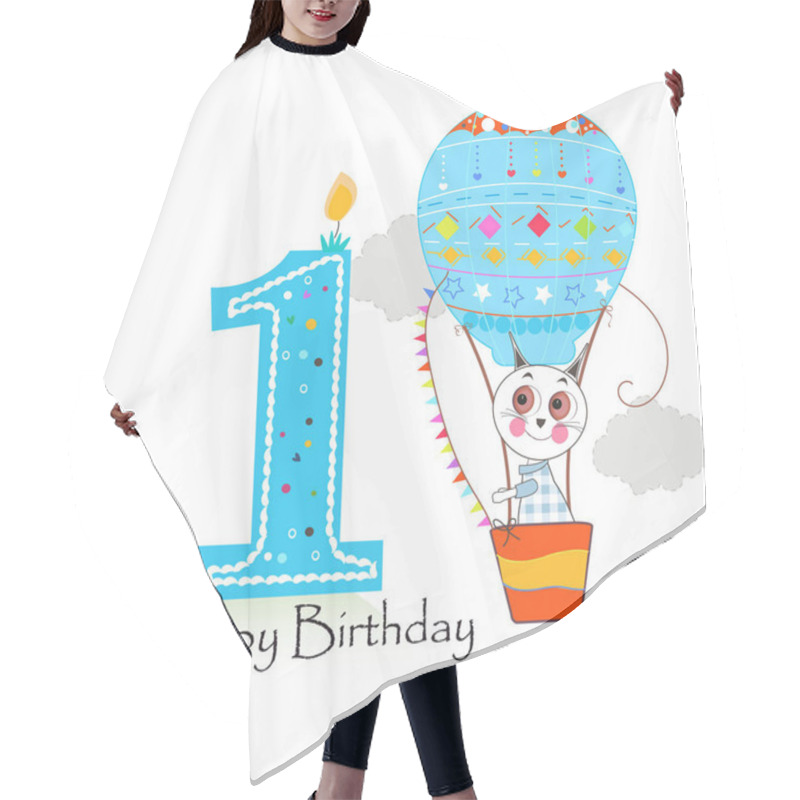 Personality  First Birthday With Hot Air Balloon And Cute Cats. Happy Birthday Greeting Card Hair Cutting Cape