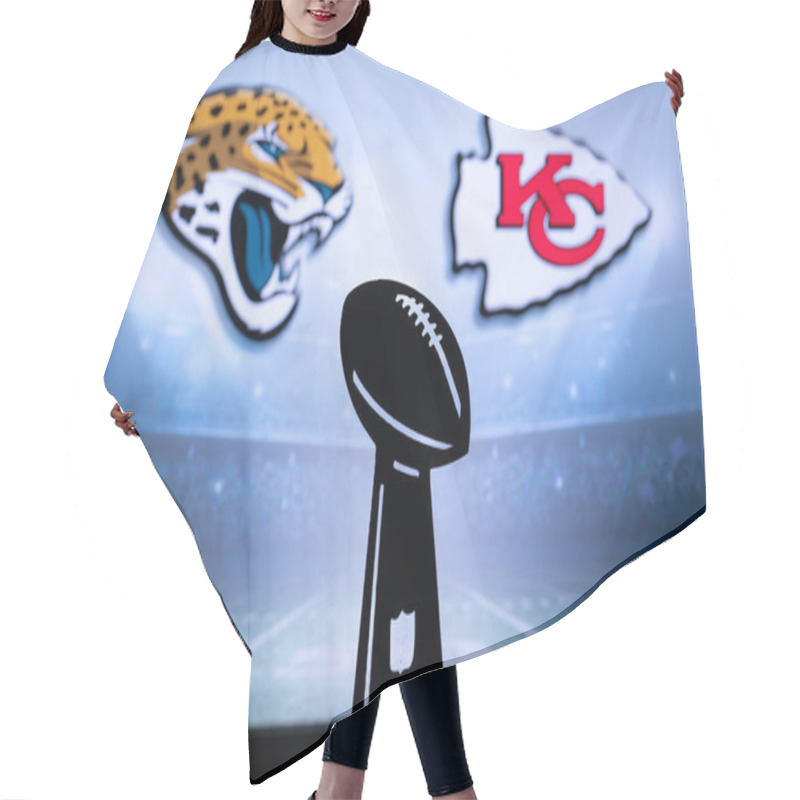 Personality  KANSAS, USA, JANUARY 18, 2023: Jacksonville Jaguars Vs. Kansas City Chiefs. NFL Divisional Round 2023, Silhouette Of Vince Lombardi Trophy For The Winner Of National Football League. Hair Cutting Cape