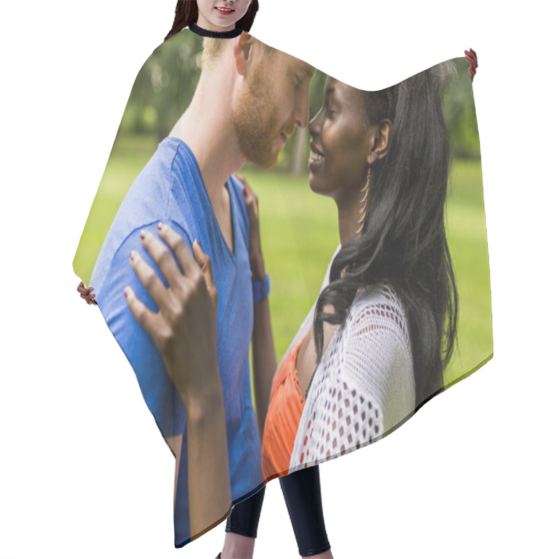 Personality  Multiracial Couple In The Park Hair Cutting Cape