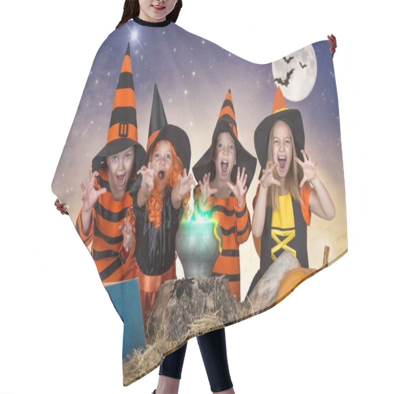 Personality  Halloween.The Children Of Witches And Wizards Cooking Potion In The Cauldron With Pumpkin And Spell Book. Hair Cutting Cape