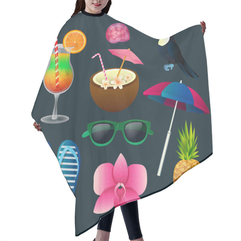 Personality  Tropical Elements Set: Cocktails, Flowers, Sunglasses, Bird, Pineapple Hair Cutting Cape