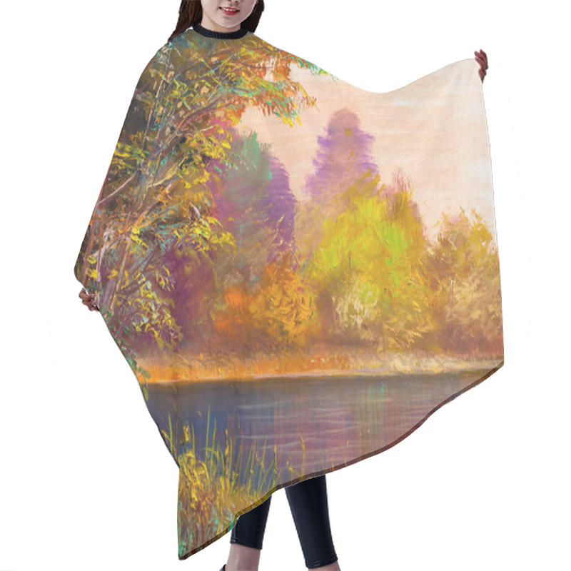 Personality  Landscape Painting Showing Trees On The River Shore On Sunny Autumn Day. Hair Cutting Cape