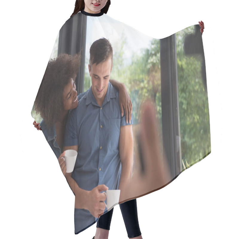 Personality  Romantic Happy Young Couple Relax At Modern Home Indoors Hair Cutting Cape