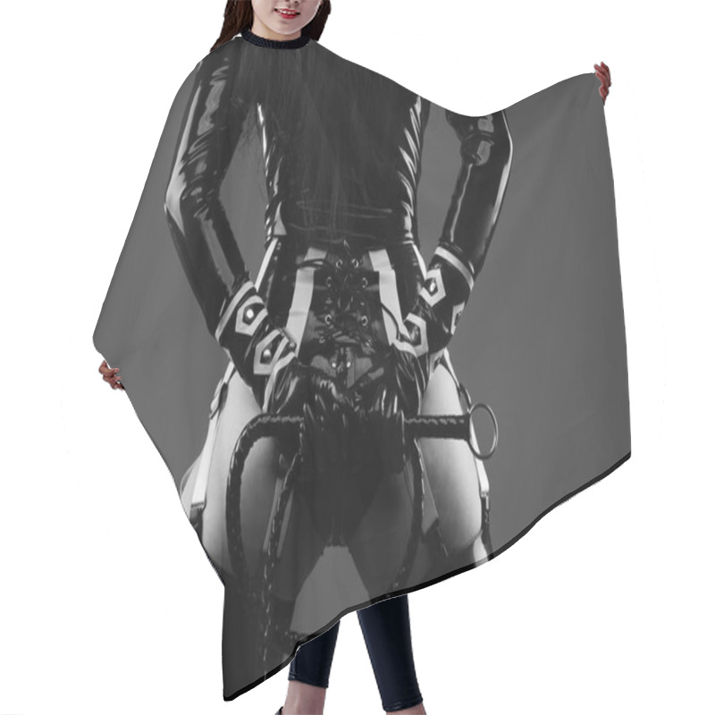 Personality  Sensual Woman In Black Latex Costume Hair Cutting Cape