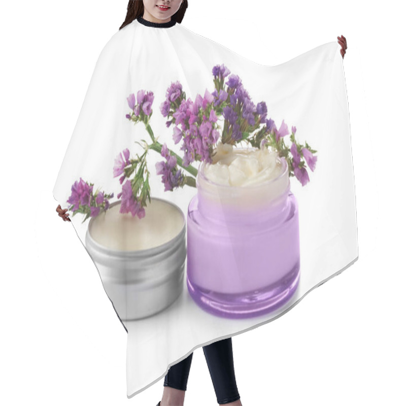 Personality  Jars With Body Cream And Flowers On White Background Hair Cutting Cape