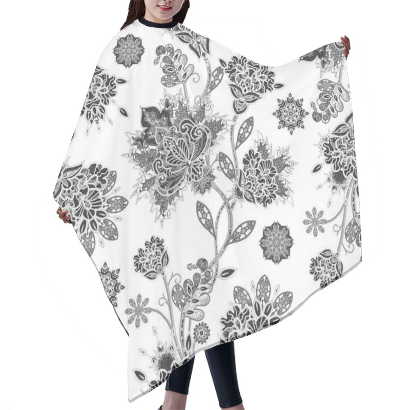 Personality  Seamless Pattern. Brilliant Lace, Stylized Flowers. Openwork Weaving Delicate, Paisley. Monochrome Tracery, Openwork Curls. Hair Cutting Cape