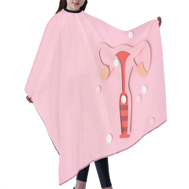 Personality  Top View Of Female Reproductive System And Pills On Pink Hair Cutting Cape