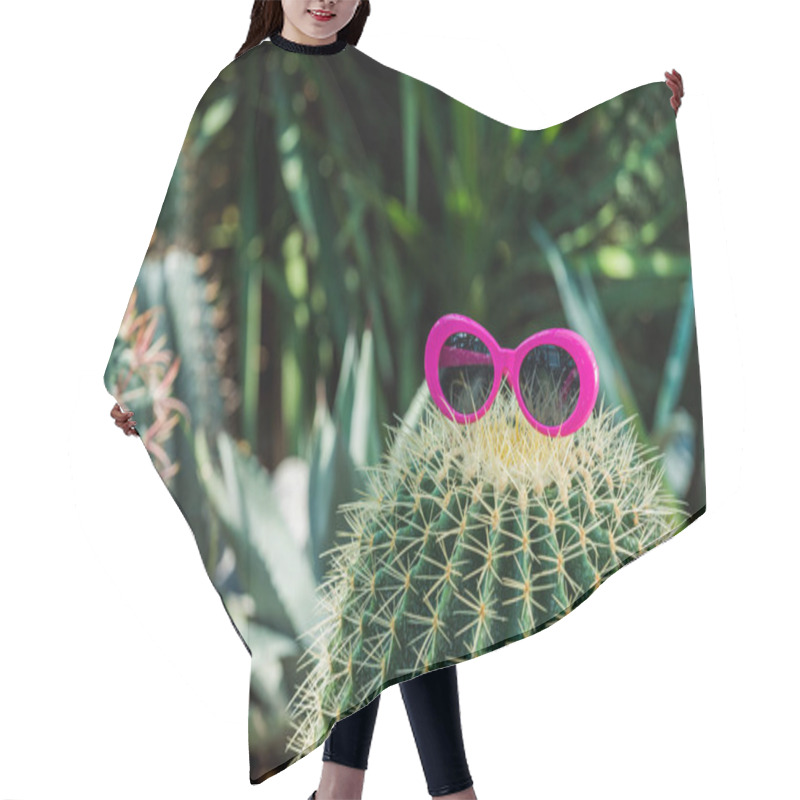 Personality  Beautiful Green Cactus With Pink Sunglasses In Greenhouse   Hair Cutting Cape