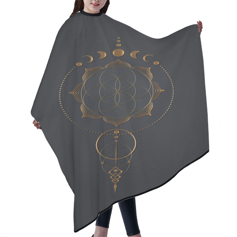 Personality  Mystical Flower Of Life And Moon Phases, Sacred Geometry. Gold Seed Of Life. Pagan Wiccan Goddess Symbol, Old Golden Wicca Banner Sign, Energy Circles, Boho Style Vector Isolated On Black Background Hair Cutting Cape