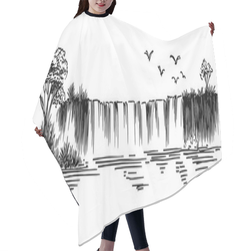 Personality  Majestic Waterfall With Trees And Birds Vector Doodle Black Sketch Illustration Hair Cutting Cape