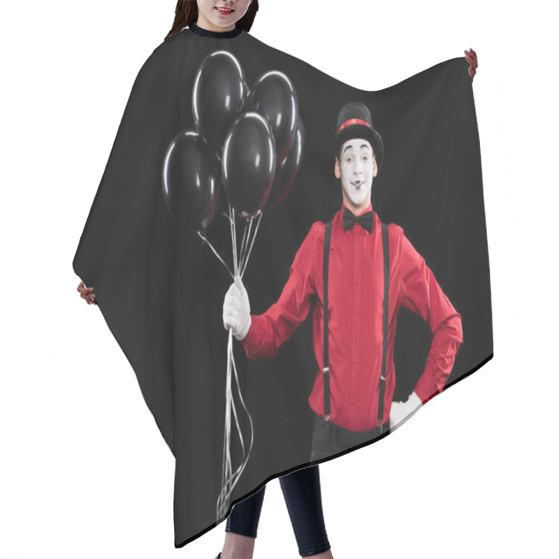 Personality  Mime Holding Bundle Of Black Balloons Isolated On Black Hair Cutting Cape