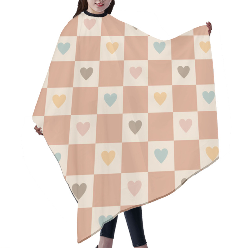 Personality  Vintage Beige Muted Boho Dark Samon Pink Checkerboard With Warm Yellow, Soft Blue, Pastel Pink And Earth Tone Brown Geometric Hearts.For Happy Welcome Baby Patchwork, Nuseries, Boho Home Hair Cutting Cape