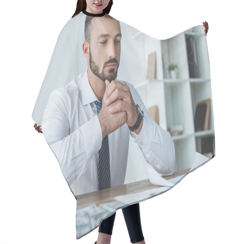 Personality  Pensive Financier Sitting At Table In Office And Looking At Laptop Hair Cutting Cape