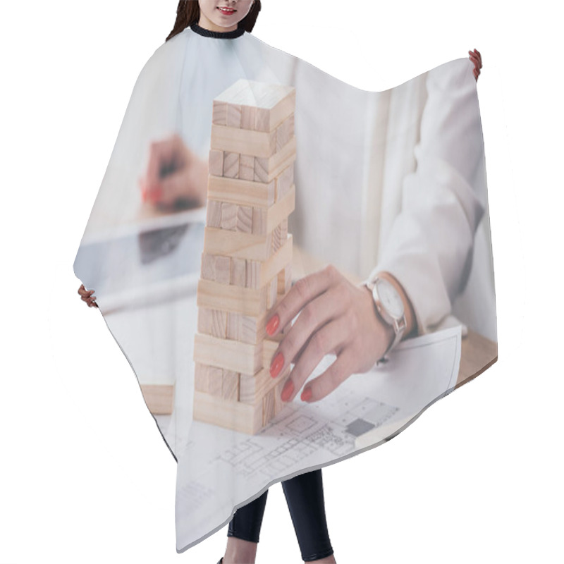 Personality  Cropped View Of Businesswoman Touching Stack Of Wooden Blocks Hair Cutting Cape