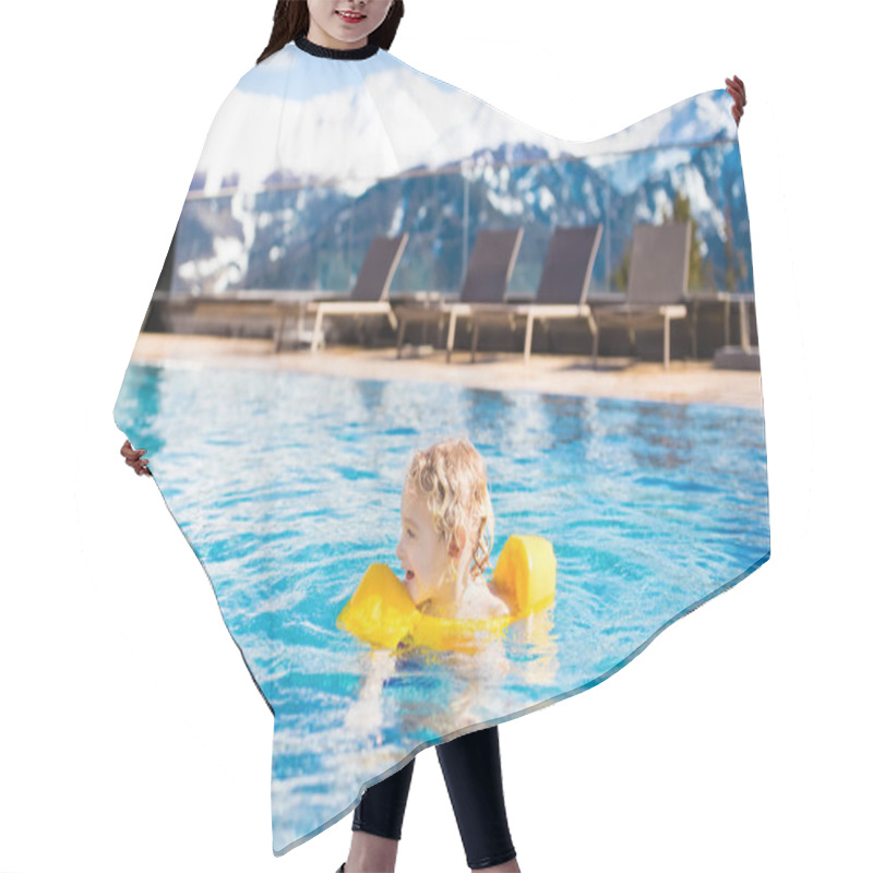 Personality  Child In Outdoor Swimming Pool Of Alpine Resort Hair Cutting Cape