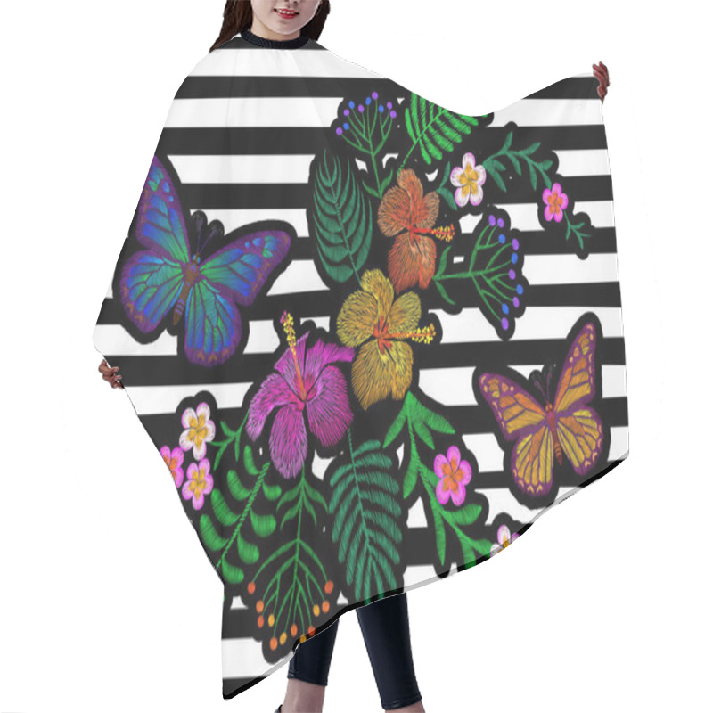 Personality  Hawaii Flower Embroidery Trend Geometric Black White Stripe. Fashion Print Decoration Plumeria Hibiscus Palm Leaves. Tropical Exotic Blooming Bouquet Butterfly Vector Illustration Hair Cutting Cape