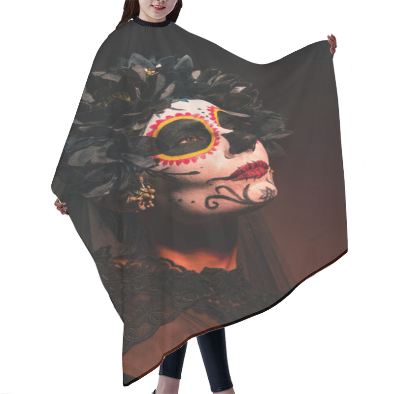 Personality  Portrait Of Woman In Mexican Day Of Dead Costume Standing On Burgundy Background  Hair Cutting Cape