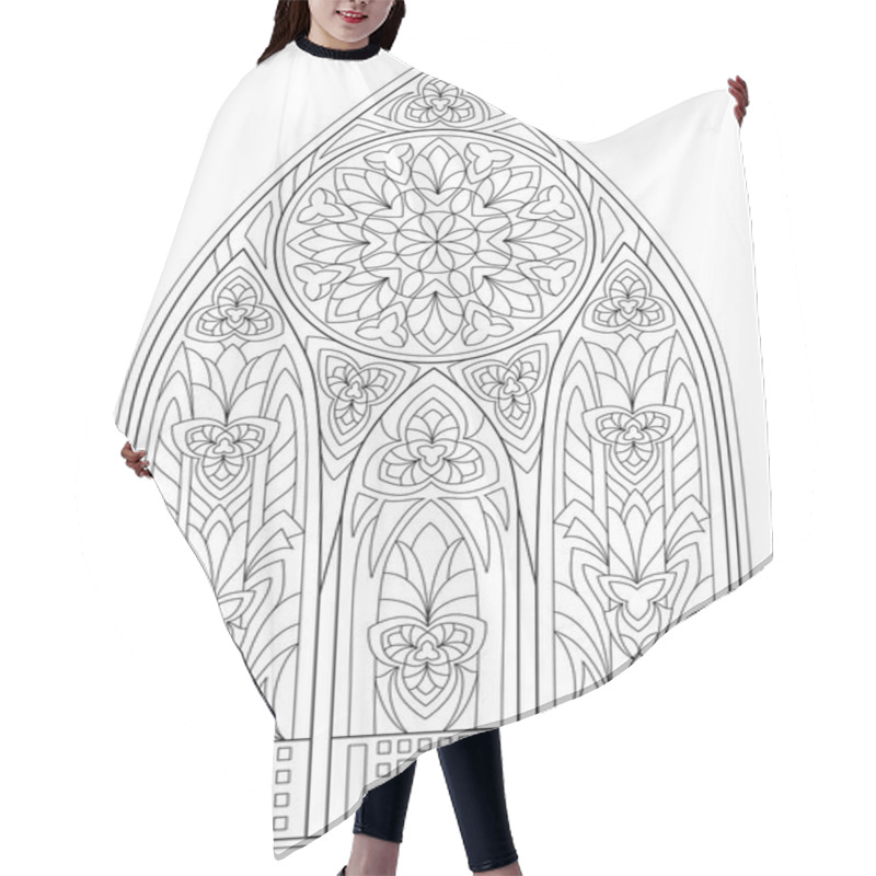 Personality  Page With Black And White Drawing Of Beautiful Medieval Gothic Window With Stained Glass And Rose  For Coloring. Worksheet For Children And Adults. Hair Cutting Cape