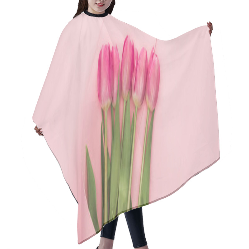 Personality  Top View Of Pink Tulips Wrapped In Paper Swirl On Pink Background Hair Cutting Cape