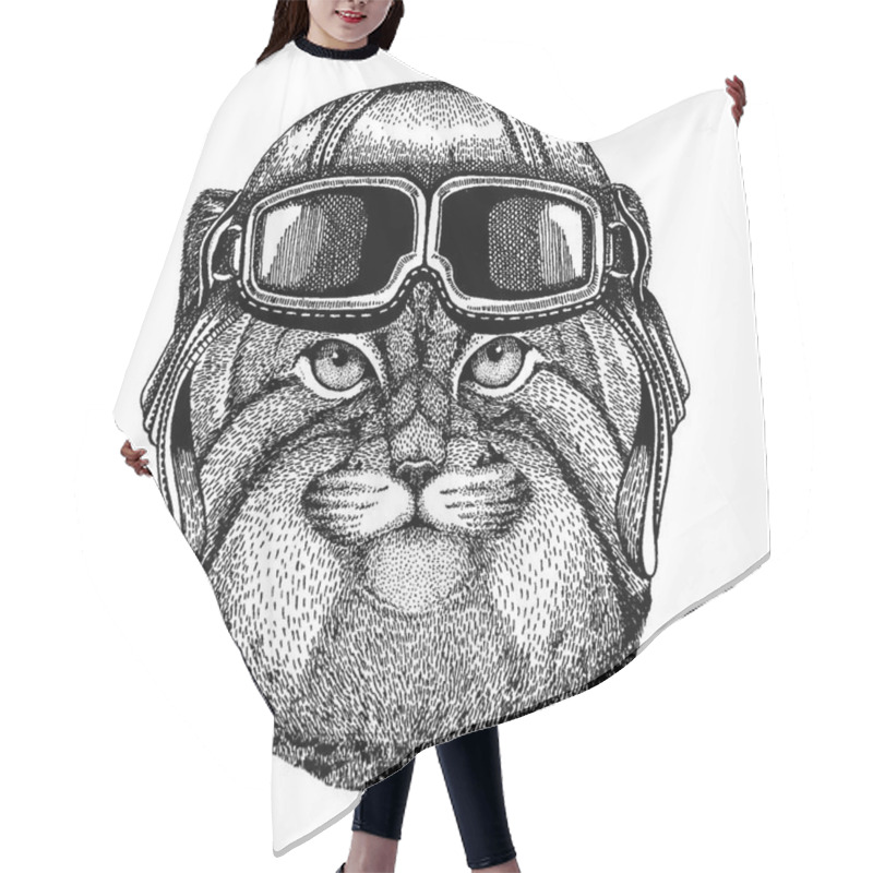 Personality  Animal Wearing Aviator Helmet With Glasses. Vector Picture. Wild Cat Manul Hand Drawn Image For Tattoo, Emblem, Badge, Logo, Patch Hair Cutting Cape