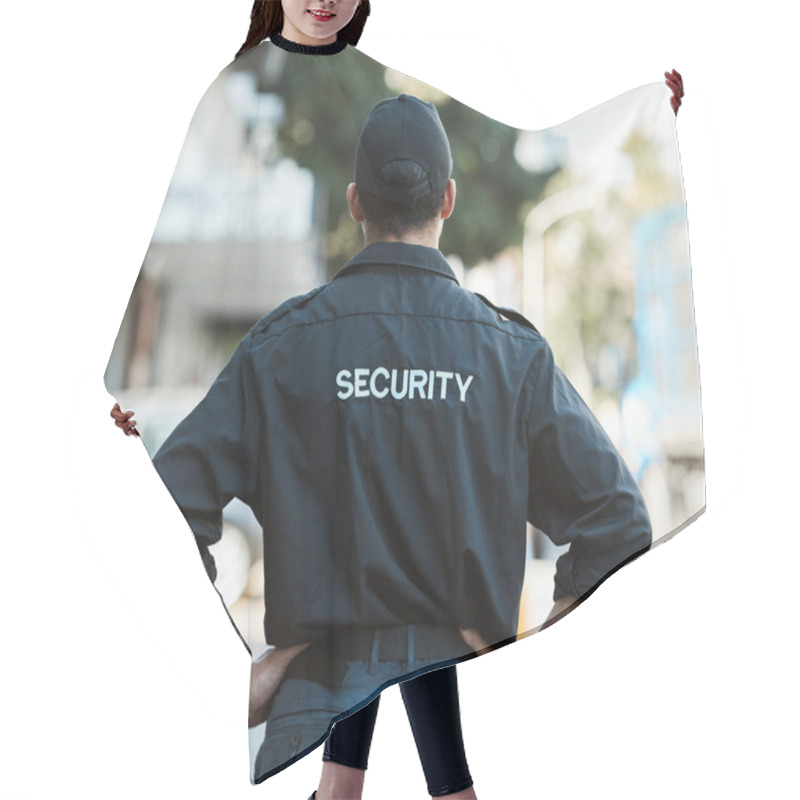 Personality  Man, Back And Security Guard In City For Safety Protection, Law Enforcement Or Outdoor Emergency. Rear View Of Male Person, Police Or Officer Standing Ready For Crime Control To Protect And Serve. Hair Cutting Cape