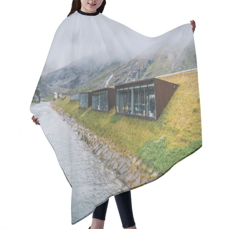 Personality  Modern Wooden Norwegian Cabins In Foggy Mountain Near River Hair Cutting Cape