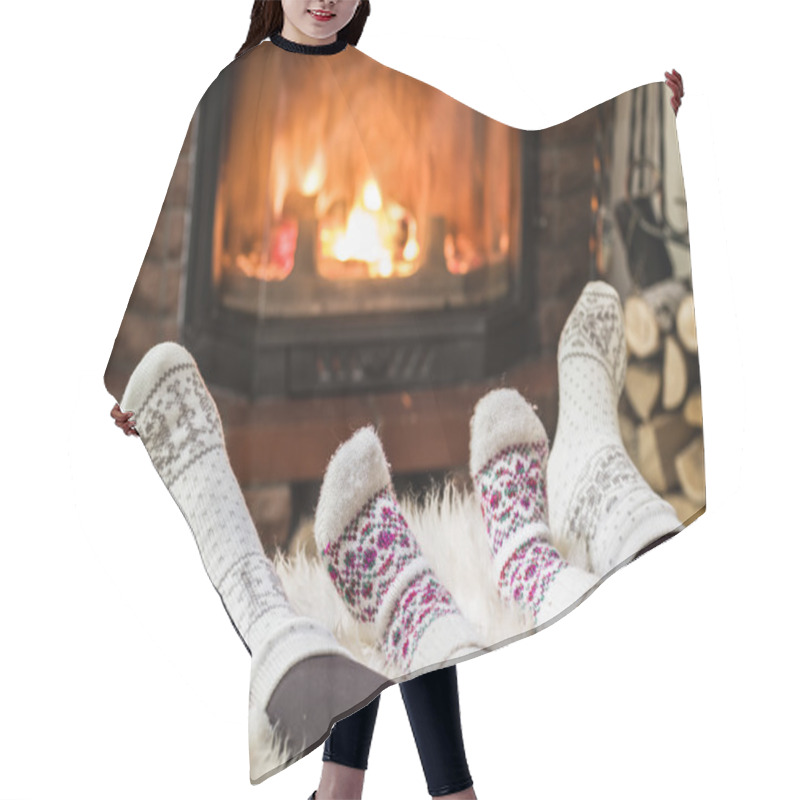 Personality  Warming And Relaxing Near Fireplace. Woman And Child Feet In Fro Hair Cutting Cape