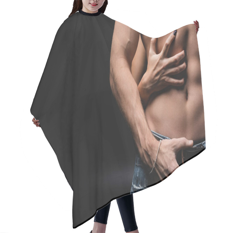 Personality  Cropped View Of Woman Scratching Chest Of Muscular Boyfriend On Black  Hair Cutting Cape