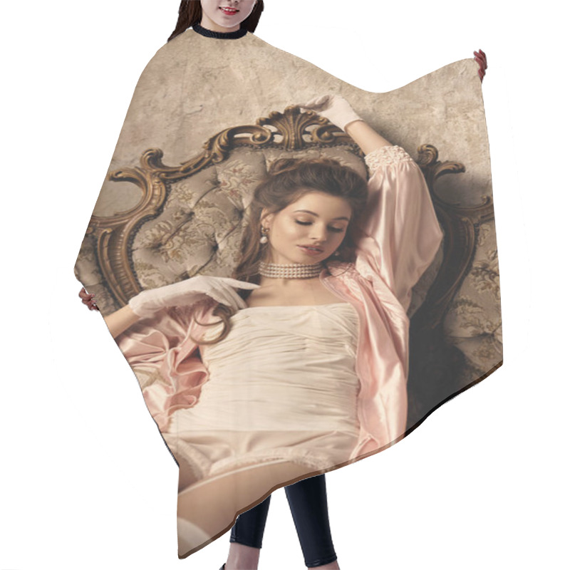 Personality  A Young Woman In Soft Fabrics Lounges, Embodying Elegance And Charm In A Fantasy World. Hair Cutting Cape