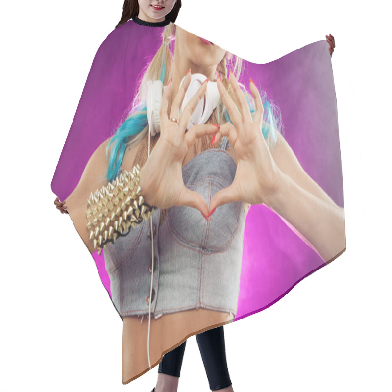 Personality  Disco Girl Shows Hands Sign Heart. Retro Style Hair Cutting Cape