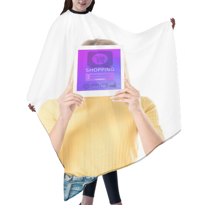 Personality  Young Woman Holding Digital Tablet With Shopping Application On Screen Isolated On White  Hair Cutting Cape