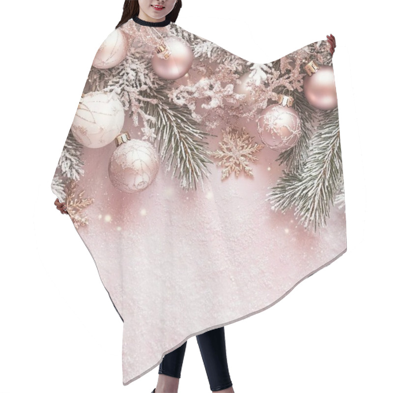 Personality  Elegant Holiday Decorations With Pink Ornaments And Frosted Pine Branches. Hair Cutting Cape