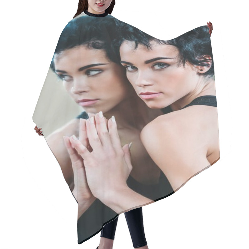 Personality  Woman Touching Reflection In Mirror Hair Cutting Cape