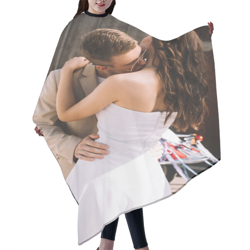 Personality  Elegant Wedding Couple Kissing And Hugging, With Scooter On Background Hair Cutting Cape