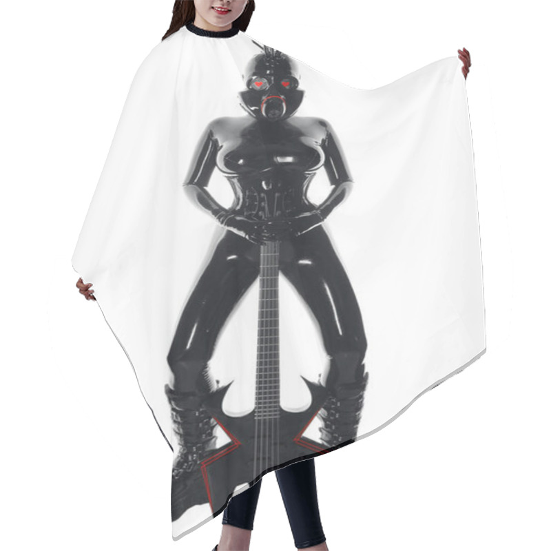 Personality  The Rock Musician Woman In A Black Latex Fetish Suit And A Gas Mask Stands With Fashionable Guitar On White Background Isolated Hair Cutting Cape