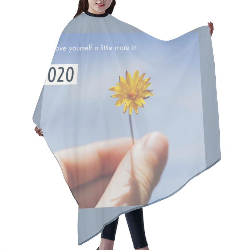 Personality  Trendy Inspirational Motivation About Happy New Year And Positive Word With Hand Holding Flower, Holiday And Celebration Concept Hair Cutting Cape