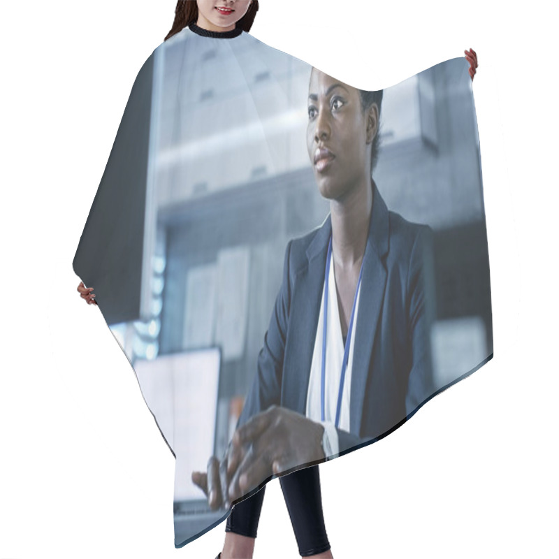 Personality  African-American Female Scientist Working On A Computer With Her Hair Cutting Cape