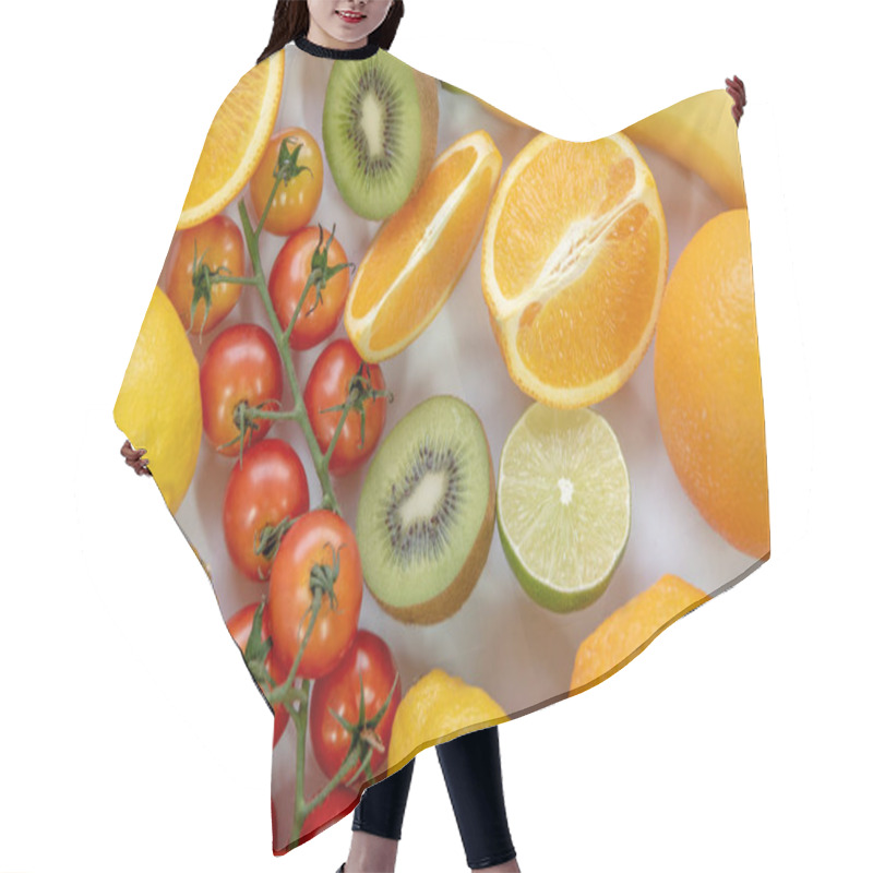 Personality  Various Sliced Fruits On White Background. Close Up Of Nutrition Vitamin C Fruits. Healthy And Freshness Food Concept. Top View And Flat Lay Theme. Hair Cutting Cape