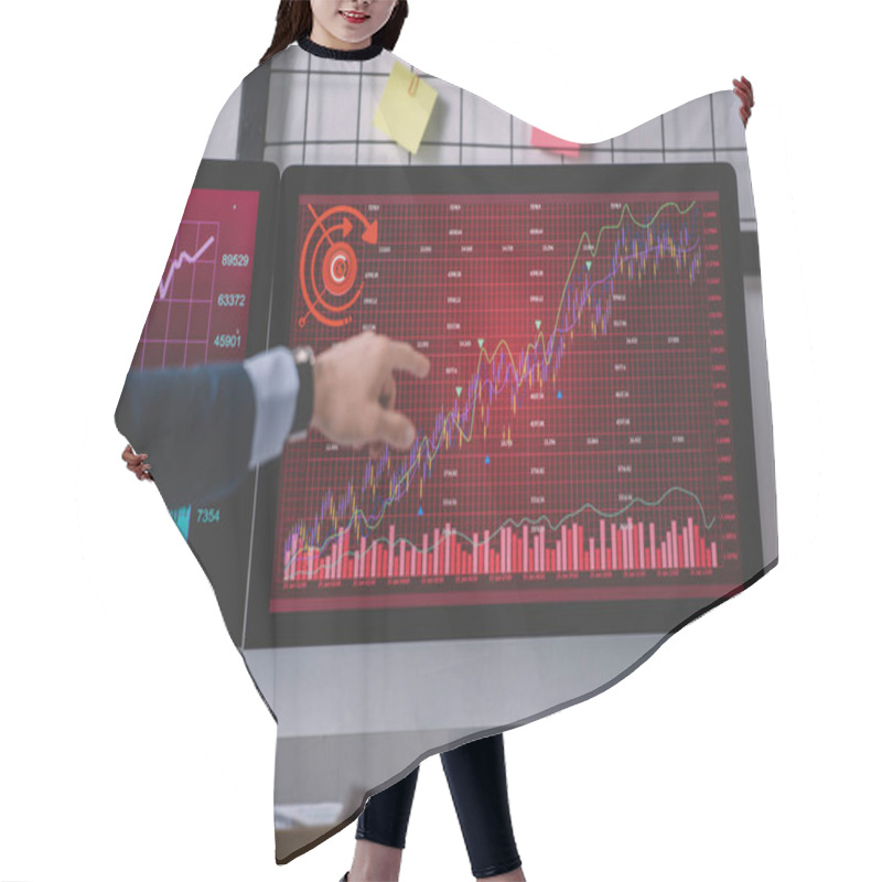 Personality  Cropped View Of Computer Systems Analyst Pointing With Finger At Graphs On Computer Monitor Hair Cutting Cape