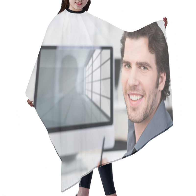 Personality  Businessman Working With His Computer Hair Cutting Cape